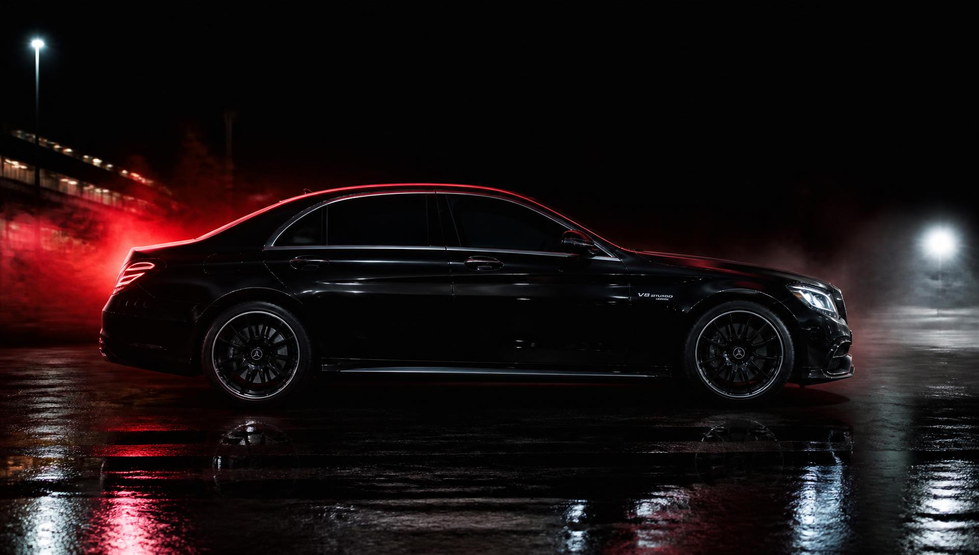 Auto negro de lujo en una calle mojada de noche con luces rojas